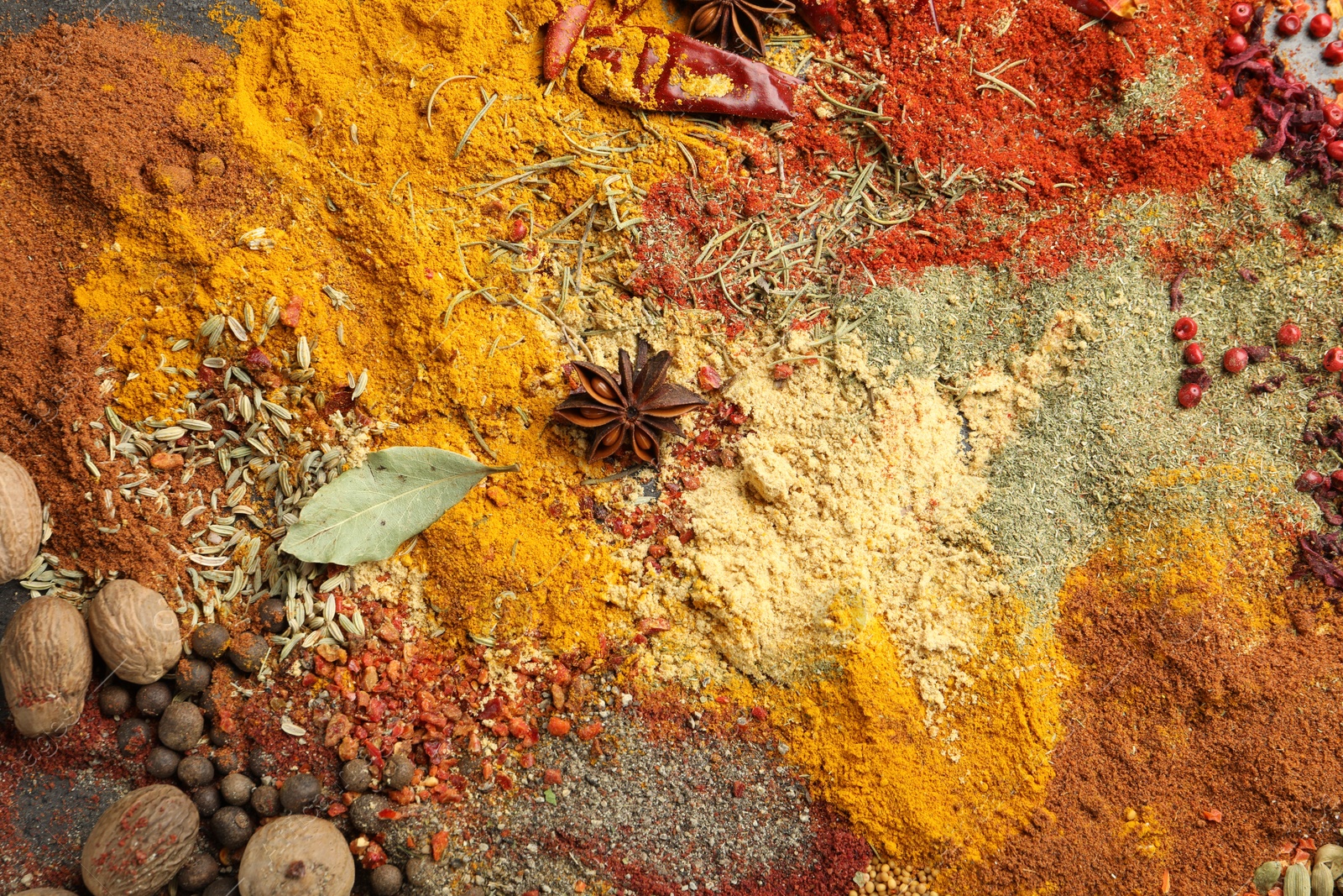 Different aromatic spices as background, top view Photo of Different aromatic spices as background, top view