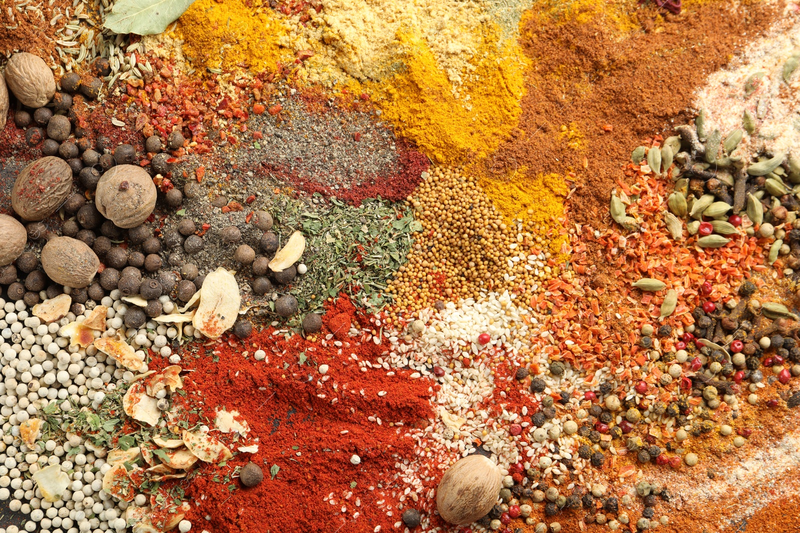 Different aromatic spices as background, top view Photo of Different aromatic spices as background, top view