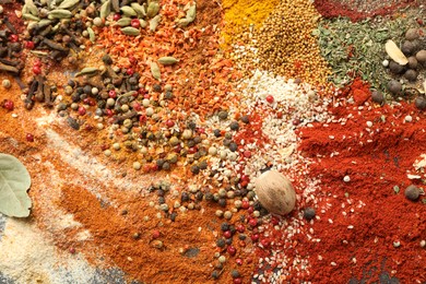 Photo of Different aromatic spices as background, top view