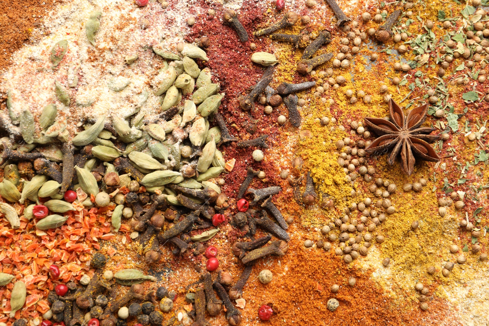 Different aromatic spices as background, top view Photo of Different aromatic spices as background, top view