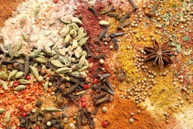 Photo of Different aromatic spices as background, top view