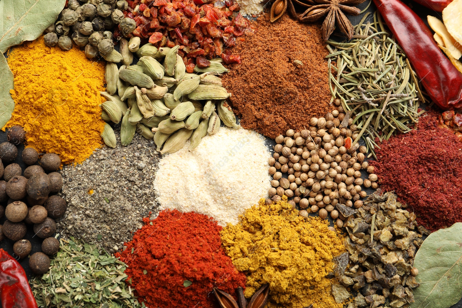 Different aromatic spices as background, top view Photo of Different aromatic spices as background, top view