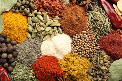Photo of Different aromatic spices as background, top view