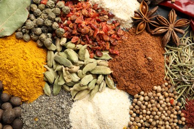 Photo of Different aromatic spices as background, top view