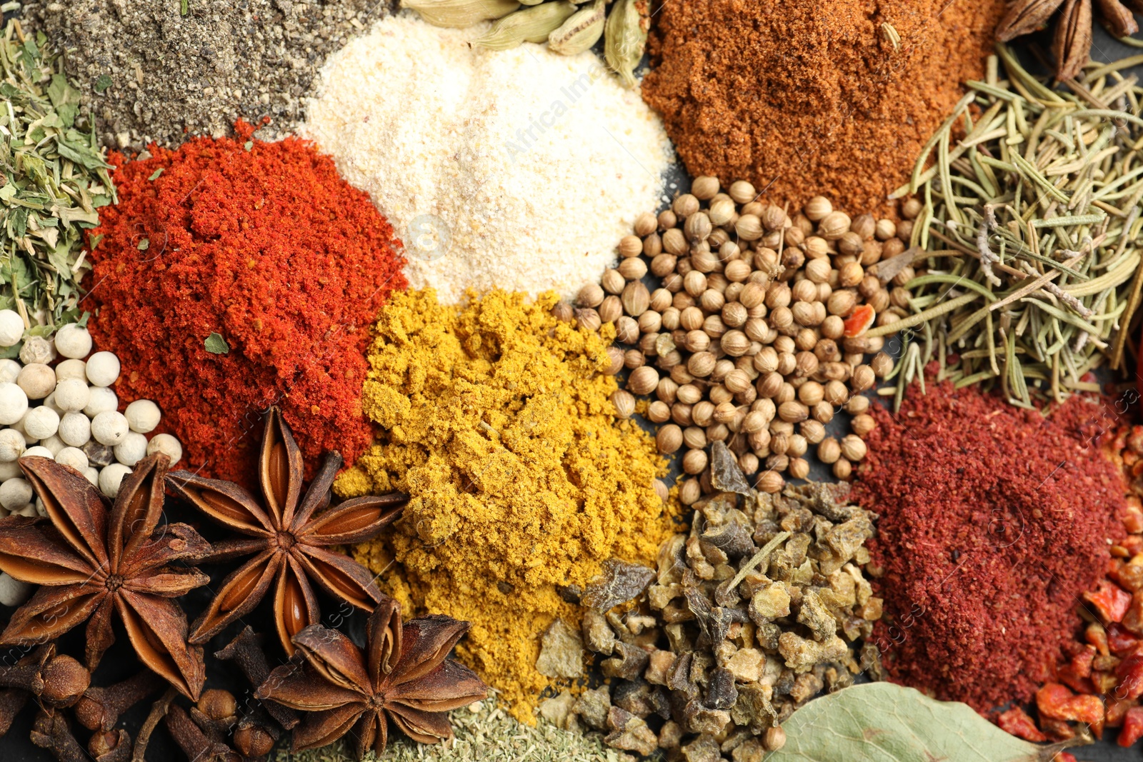 Different aromatic spices as background, top view Photo of Different aromatic spices as background, top view