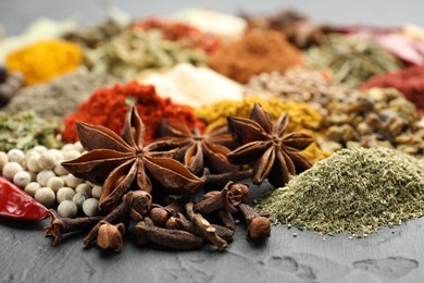 Photo of Different aromatic spices on grey table, closeup