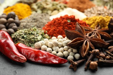 Photo of Different aromatic spices on grey table, closeup