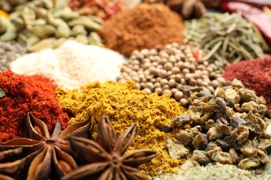 Photo of Different aromatic spices as background, closeup view