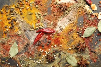 Photo of Different aromatic spices on grey table, top view