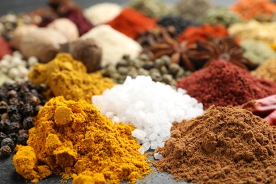 Photo of Different aromatic spices as background, closeup view