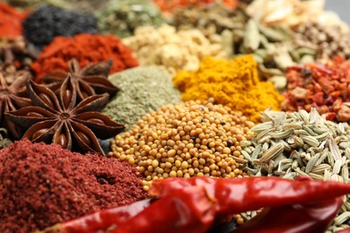 Photo of Different aromatic spices as background, closeup view