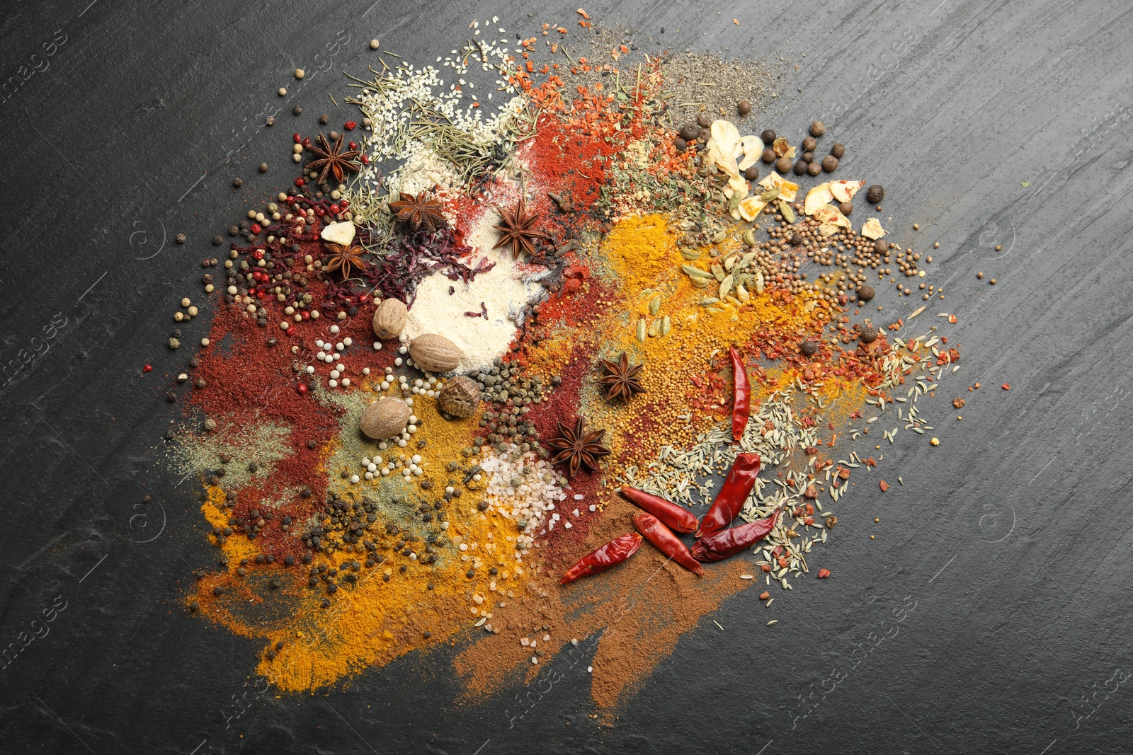 Different aromatic spices on grey table, top view Photo of Different aromatic spices on grey table, top view