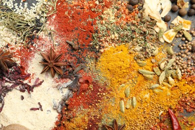 Photo of Different aromatic spices as background, top view