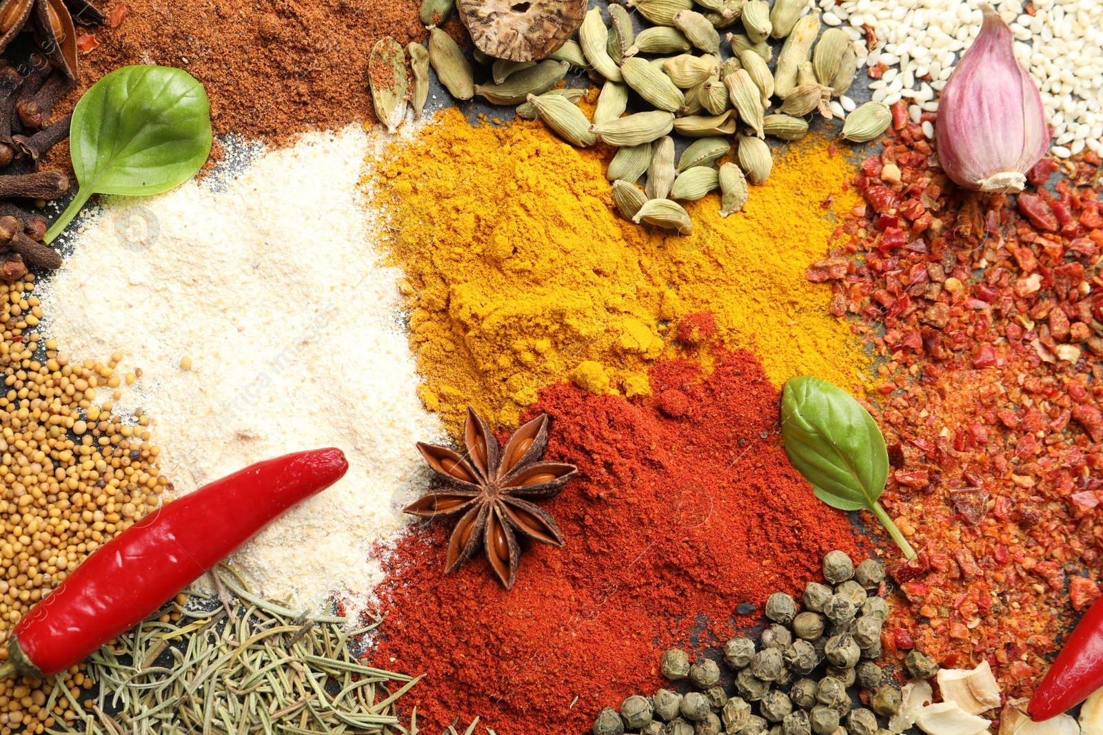 Different aromatic spices as background, top view Photo of Different aromatic spices as background, top view