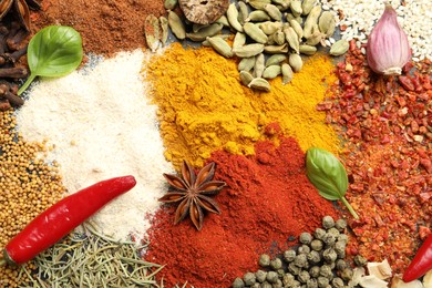Photo of Different aromatic spices as background, top view