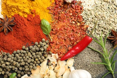 Photo of Different aromatic spices as background, top view