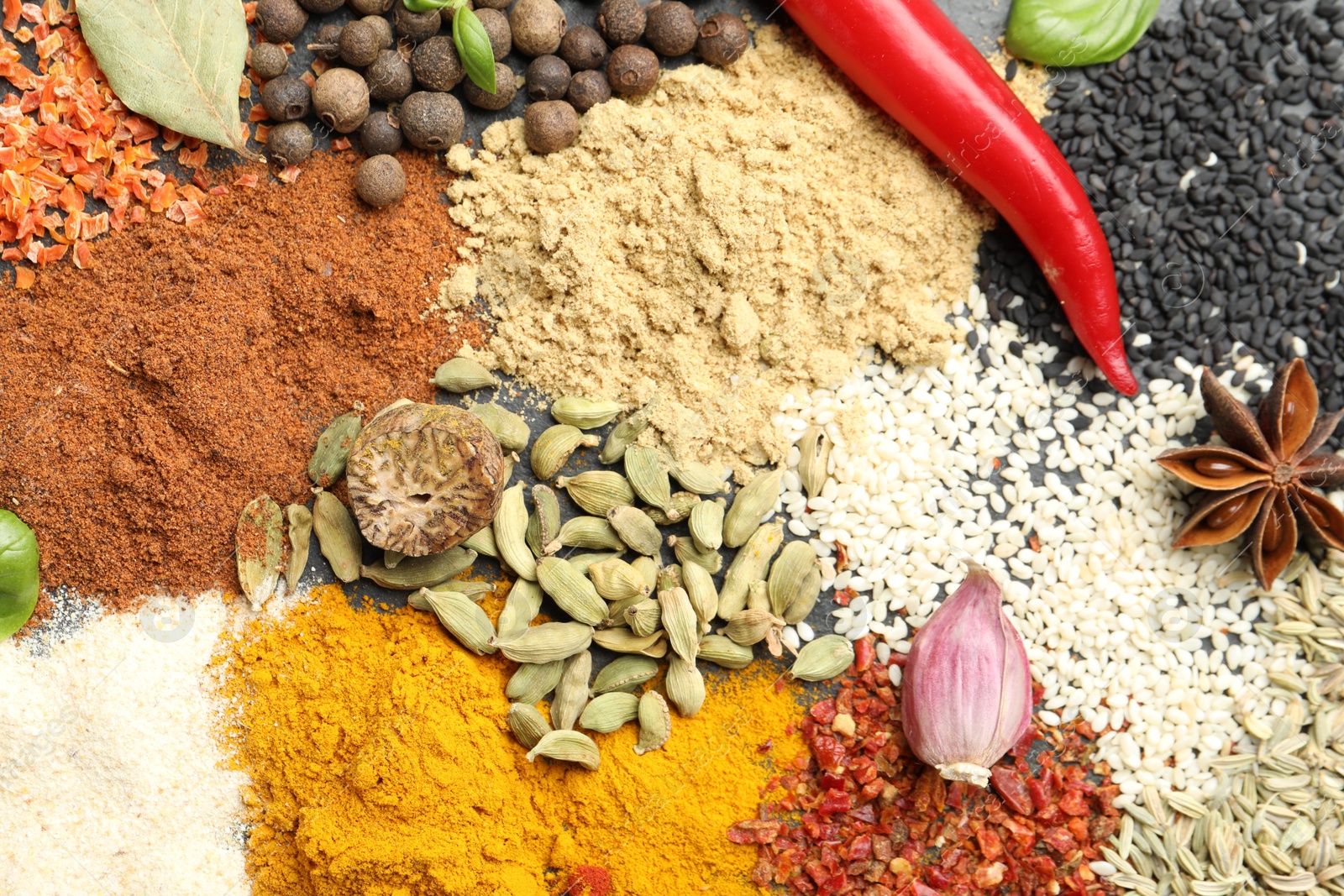 Different aromatic spices as background, top view Photo of Different aromatic spices as background, top view
