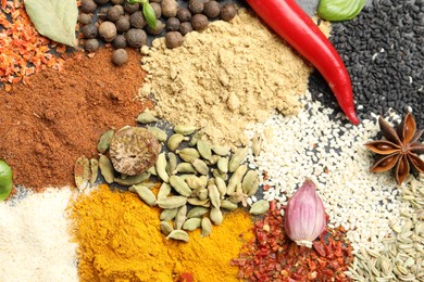 Photo of Different aromatic spices as background, top view
