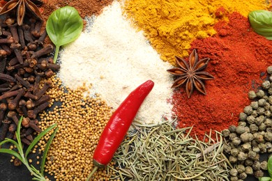 Photo of Different aromatic spices as background, closeup view