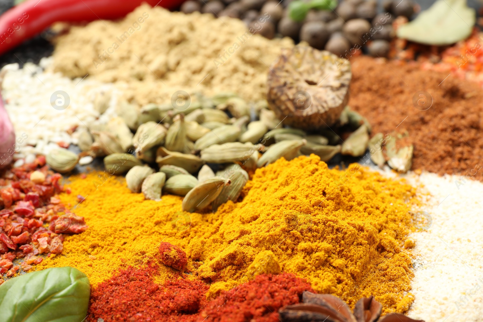 Different aromatic spices as background, closeup view Photo of Different aromatic spices as background, closeup view