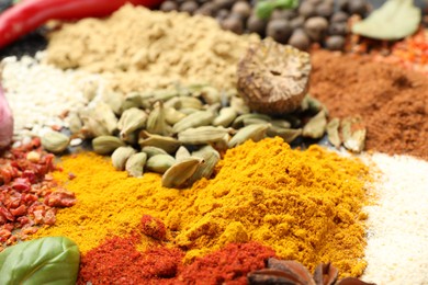 Photo of Different aromatic spices as background, closeup view