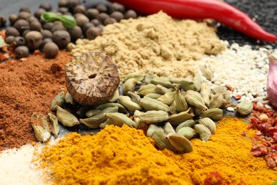 Photo of Different aromatic spices on grey table, closeup