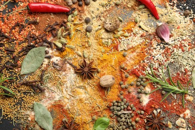 Photo of Different aromatic spices as background, top view