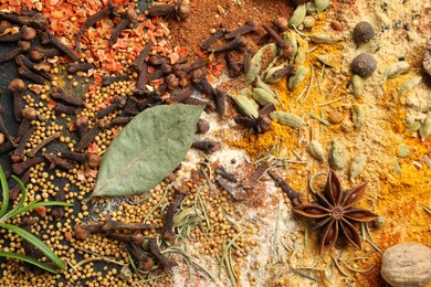 Photo of Different aromatic spices as background, top view