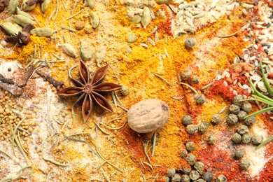 Photo of Different aromatic spices as background, top view