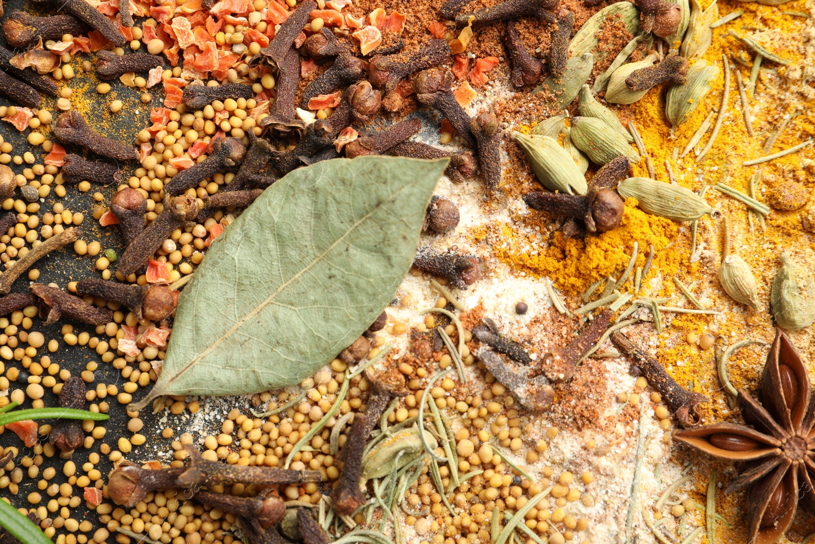 Different aromatic spices as background, closeup view Photo of Different aromatic spices as background, closeup view