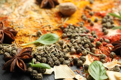 Photo of Different aromatic spices on grey table, closeup