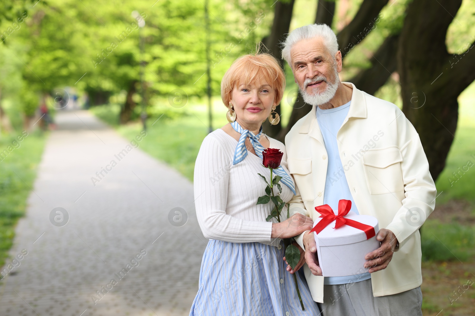 Lovely senior couple with gift box and rose in park, space for text Photo of Lovely senior couple with gift box and rose in park, space for text