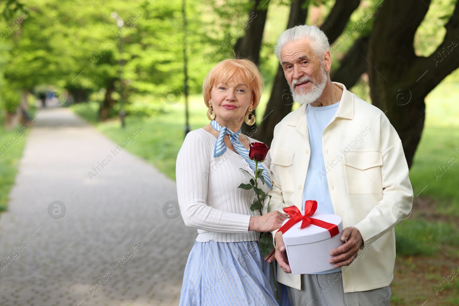 Lovely senior couple with gift box and rose in park, space for text Photo of Lovely senior couple with gift box and rose in park, space for text