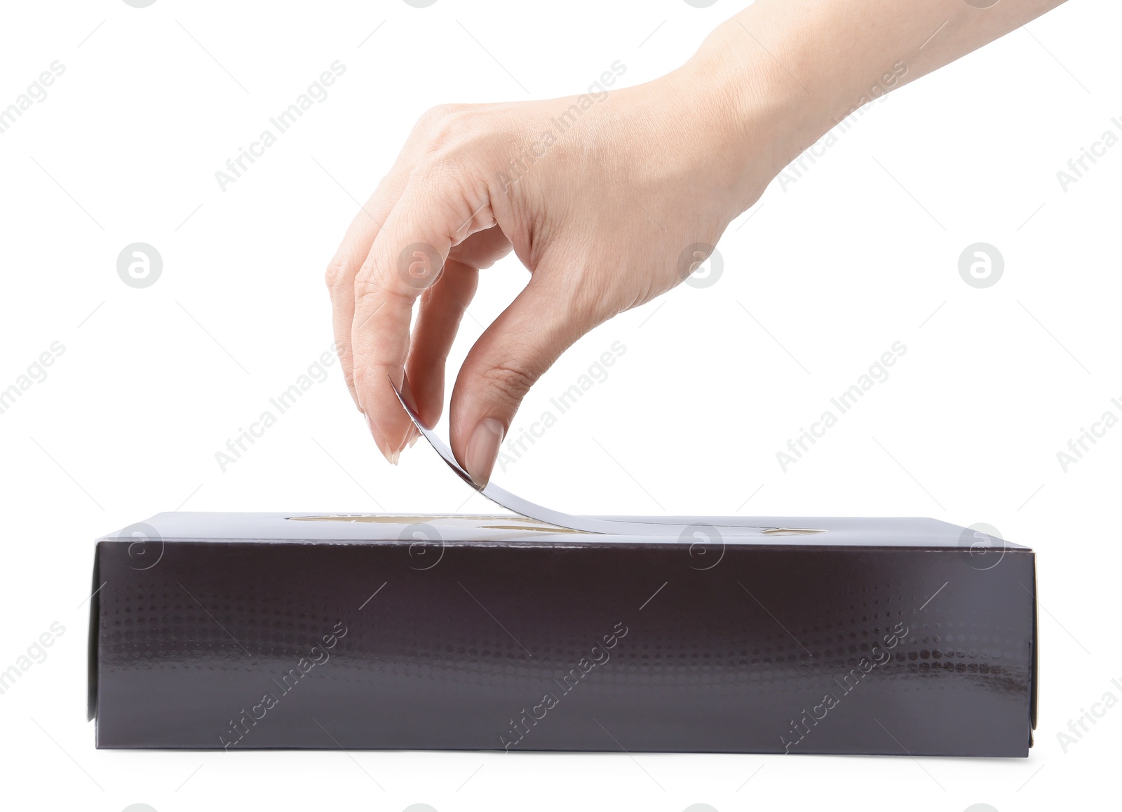 Woman opening box of handkerchiefs on white background, closeup Photo of Woman opening box of handkerchiefs on white background, closeup