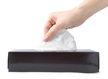 Photo of Woman taking handkerchief out of box on white background, closeup