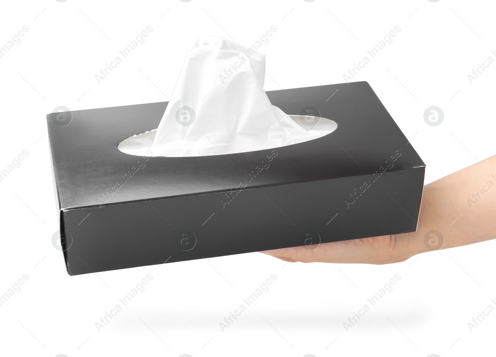 Woman with box of handkerchiefs on white background, closeup Photo of Woman with box of handkerchiefs on white background, closeup