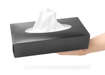 Photo of Woman with box of handkerchiefs on white background, closeup
