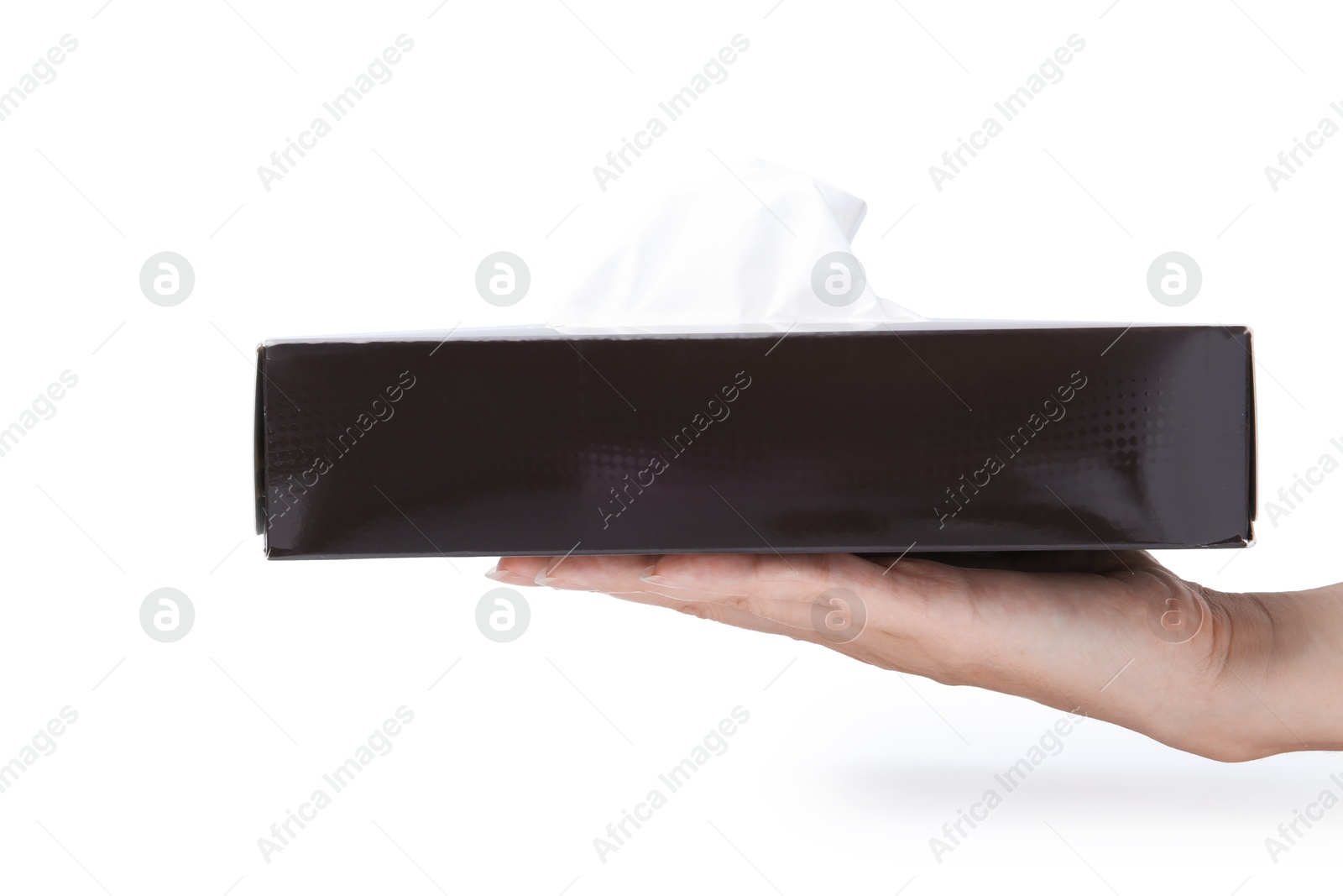 Woman with box of handkerchiefs on white background, closeup Photo of Woman with box of handkerchiefs on white background, closeup