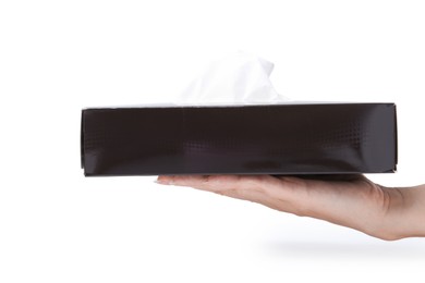 Photo of Woman with box of handkerchiefs on white background, closeup