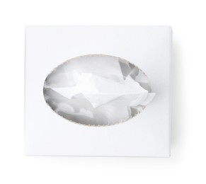 Photo of Box with paper handkerchiefs isolated on white, top view