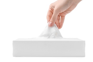 Photo of Woman taking handkerchief out of box on white background, closeup