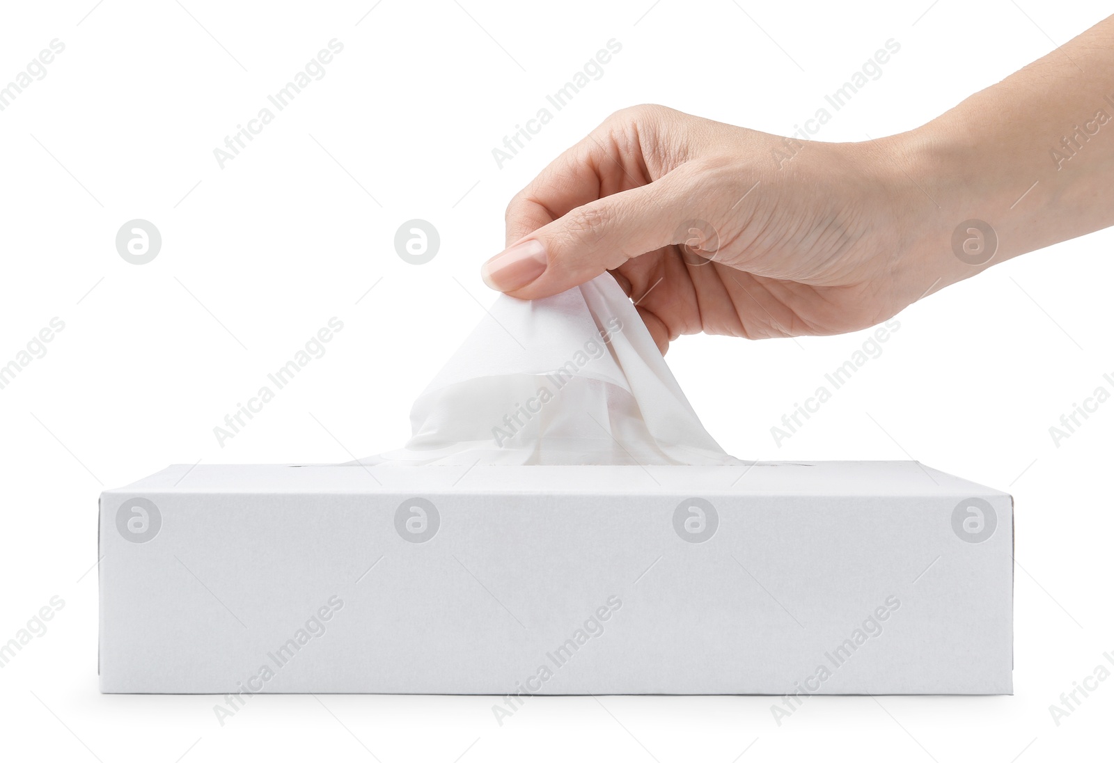 Woman taking handkerchief out of box on white background, closeup Photo of Woman taking handkerchief out of box on white background, closeup