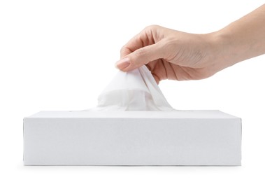 Photo of Woman taking handkerchief out of box on white background, closeup