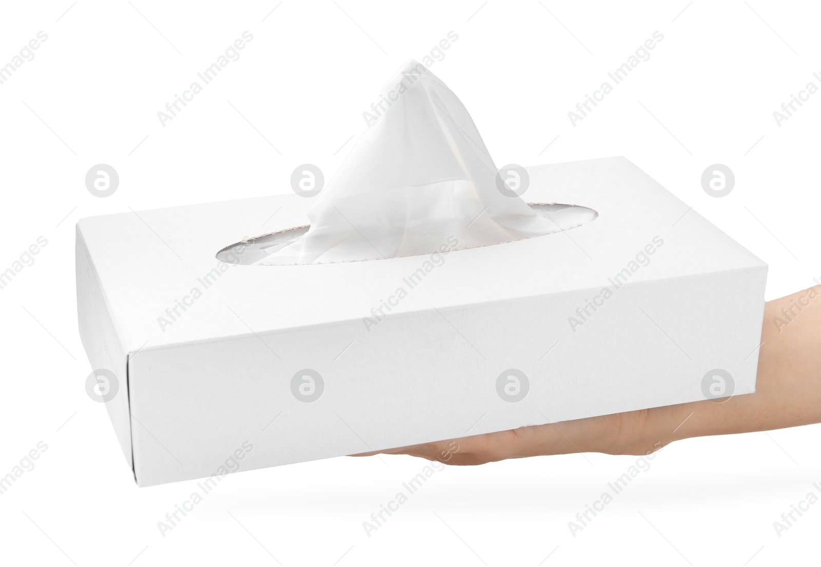 Woman with box of handkerchiefs on white background, closeup Photo of Woman with box of handkerchiefs on white background, closeup