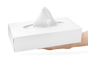 Photo of Woman with box of handkerchiefs on white background, closeup