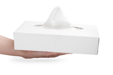 Photo of Woman with box of handkerchiefs on white background, closeup