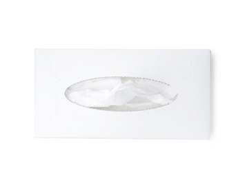 Photo of Box with paper handkerchiefs isolated on white, top view