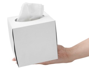 Photo of Woman with box of handkerchiefs on white background, closeup