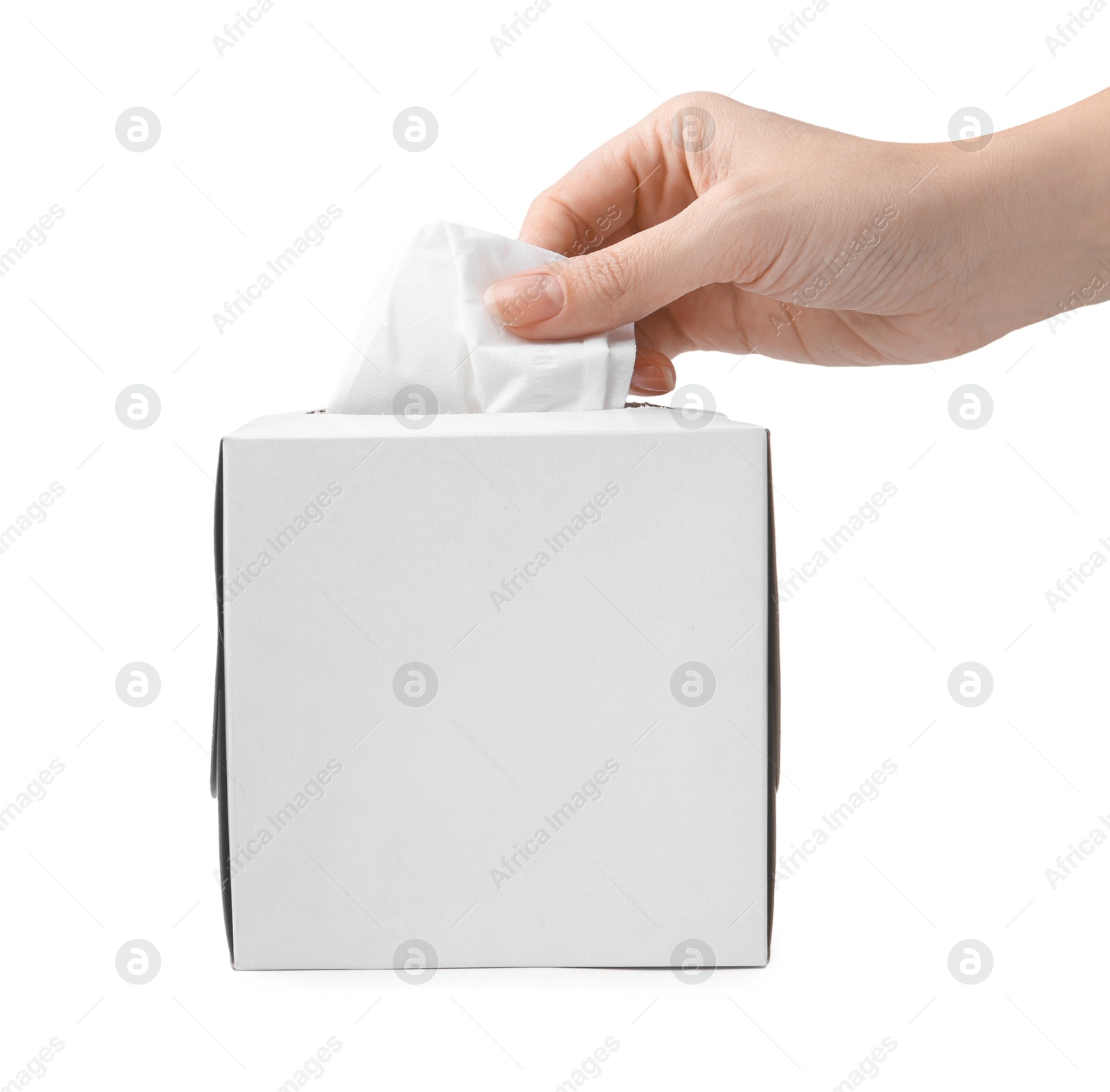 Woman taking handkerchief out of box on white background, closeup Photo of Woman taking handkerchief out of box on white background, closeup