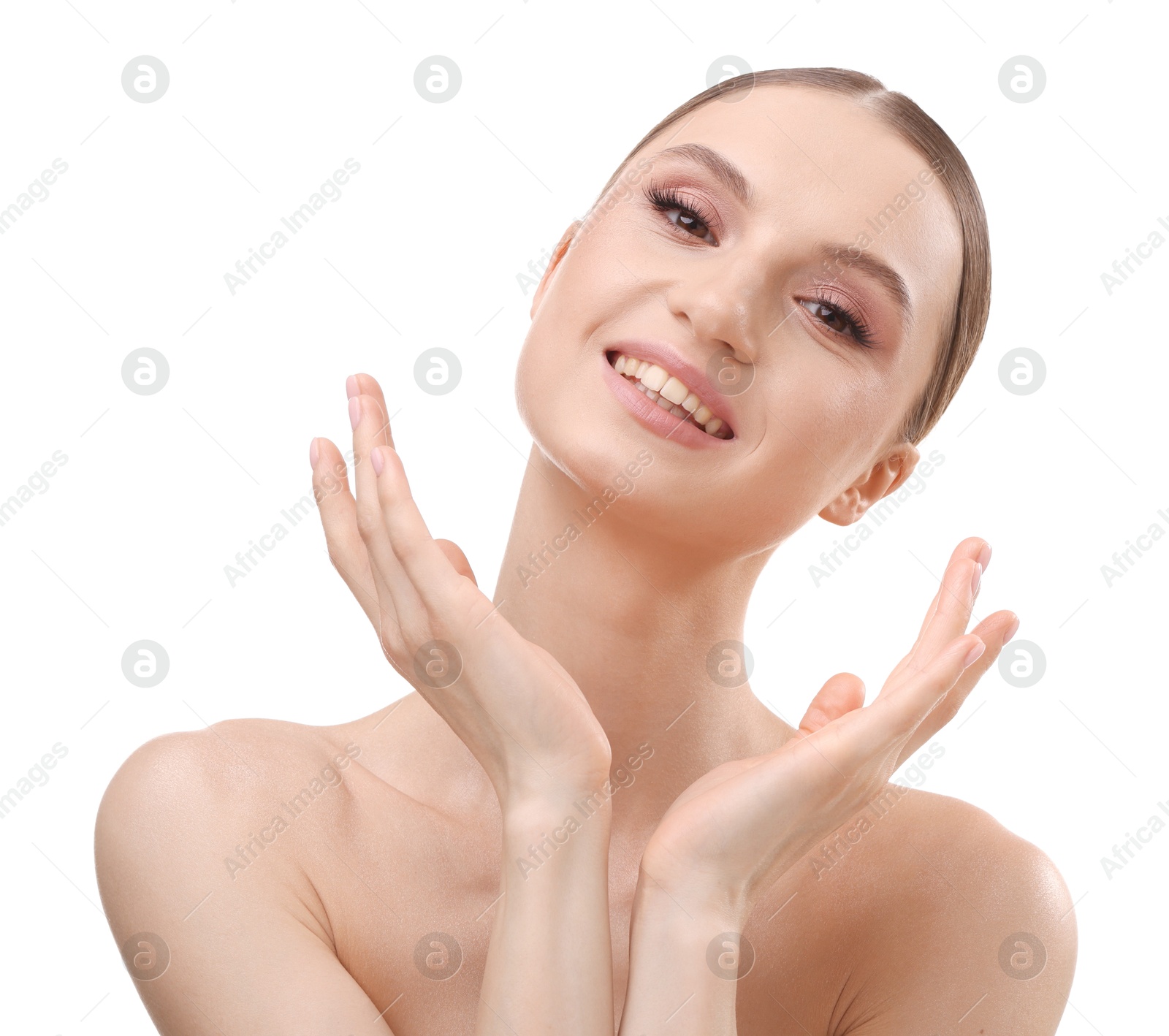 Portrait of beautiful young woman on white background Photo of Portrait of beautiful young woman on white background
